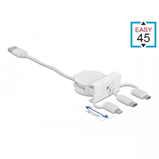 Delock Easy 45 modulos USB 2.0 3 az 1-ben behúzható kábel, A-típusú USB - USB-C , Micro USB és light (81375)