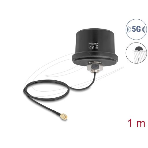 Delock 5G LTE GNSS WiFi 6 antenna SMA-dugó 1,9 - 3,3 dBi irányítatlan, csatlakozókábellel ULA100 1 m, tetőre szerelhető, kültéri, fekete (81469)