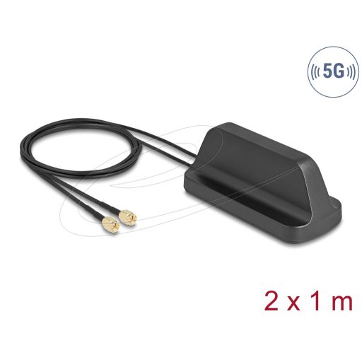 Delock 5G LTE GNSS WiFi 6 MIMO antenna 2 x SMA-dugó 2,1 - 3,0 dBi irányítatlan, mágneses talppal és csatlakozókábellel ULA100 1 m, kültéri, fekete (81485)
