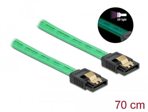 Delock 6 Gb/s SATA kábel UV fényhatással zöld színű, 70 cm (82112)
