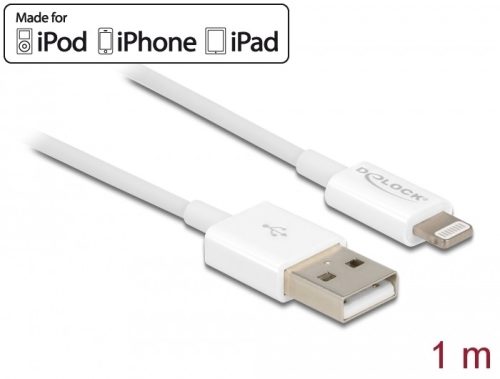 Delock USB adat- és töltőkábel iPhone , iPad  és iPod  készülékhez fehér 1 m