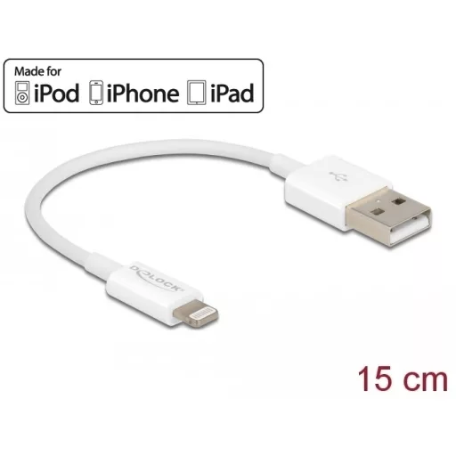 Delock USB adat- és töltőkábel iPhone , iPad  és iPod  készülékhez fehér 15 cm (83001)