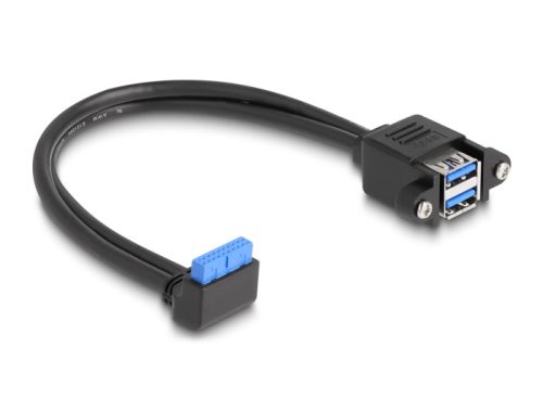 Delock Kábel USB 5 Gbps tűfejes anya 90 -ban hajlított végződéssel és 2 db.-os beépített USB 5 Gbps A-típusú anya végződéssel 50 cm (83007)