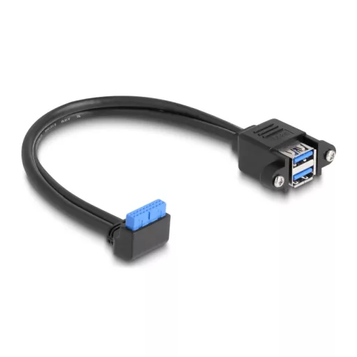 Delock Kábel USB 5 Gbps tűfejes anya 90 -ban hajlított végződéssel és 2 db.-os beépített USB 5 Gbps A-típusú anya végződéssel 50 cm (83007)