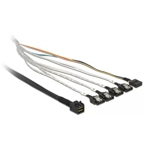 Delock kábel mini SAS HD SFF-8643 > 4 x SATA 7 tűs + Sideband 0,5 m fém (83315)