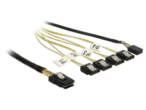 Delock Kábel Mini SAS SFF-8087 > 4 x 7 tus SATA fordított + oldalsáv, 0,5 m (83318)
