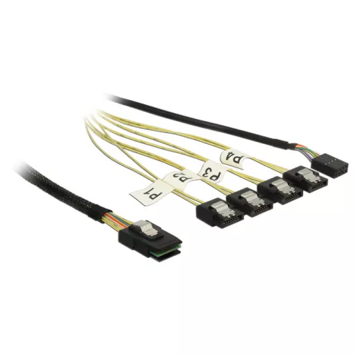 Delock Kábel Mini SAS SFF-8087 > 4 x 7 tus SATA fordított + oldalsáv, 0,5 m (83318)