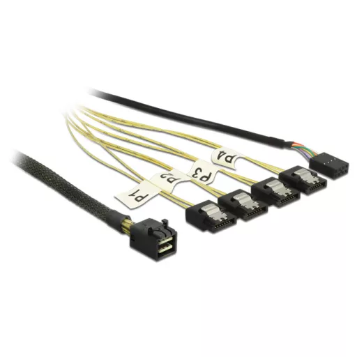 Delock Kábel Mini SAS HD SFF-8643 > 4 x 7 tus SATA fordított + oldalsáv, 1 m (83322)