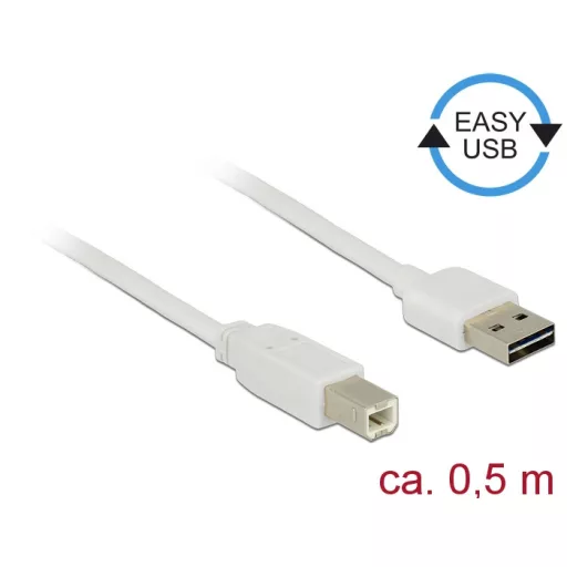 Delock Kábel, EASY-USB 2.0-s A-típusú csatlakozódugó > USB 2.0-s B-típusú csatlakozódugó, 0,5 m, feh (83685)