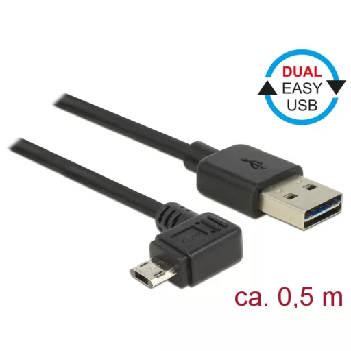 Delock Kábel, EASY-USB 2.0-s A csatlakozó > EASY-USB 2.0-s Micro-B csatlakozó ívelt bal / jobb, 0,5m (83847)