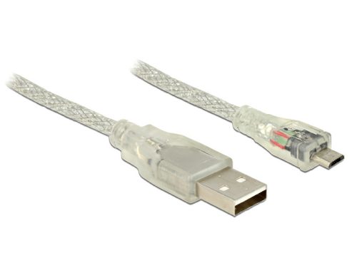 Delock USB 2.0-s kábel A-típusú csatlakozódugóval > USB 2.0 Micro-B csatlakozódugóval 1 m, áttetsző