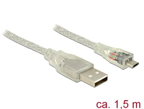 Delock USB 2.0-s kábel A-típusú csatlakozódugóval > USB 2.0 Micro-B csatlakozódugóval, 1,5 m, áttets