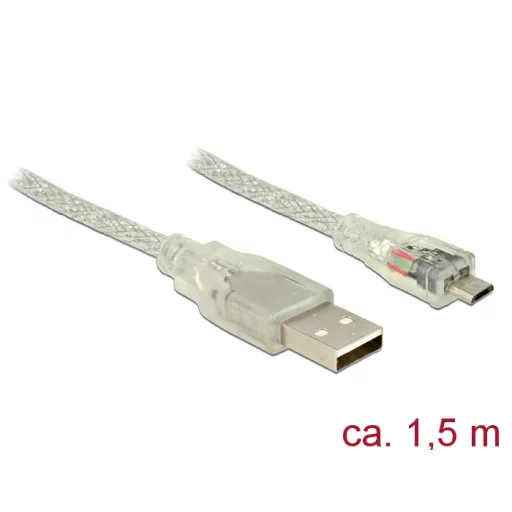 Delock USB 2.0-s kábel A-típusú csatlakozódugóval > USB 2.0 Micro-B csatlakozódugóval, 1,5 m, áttets (83899)
