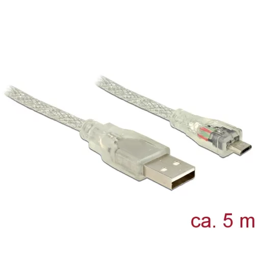 Delock USB 2.0-s kábel A-típusú csatlakozódugóval > USB 2.0 Micro-B csatlakozódugóval, 5 m, áttetsző (83903)