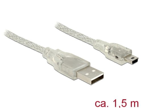 Delock USB 2.0-s kábel A-típusú csatlakozódugóval > USB 2.0 Mini-B csatlakozódugóval, 1,5 m, áttetsz