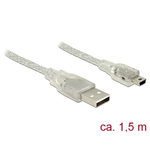 Delock USB 2.0-s kábel A-típusú csatlakozódugóval > USB 2.0 Mini-B csatlakozódugóval, 1,5 m, áttetsz (83906)