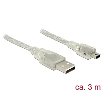   Delock USB 2.0-s kábel A-típusú csatlakozódugóval > USB 2.0 Mini-B csatlakozódugóval, 3 m, áttetsző (83908)