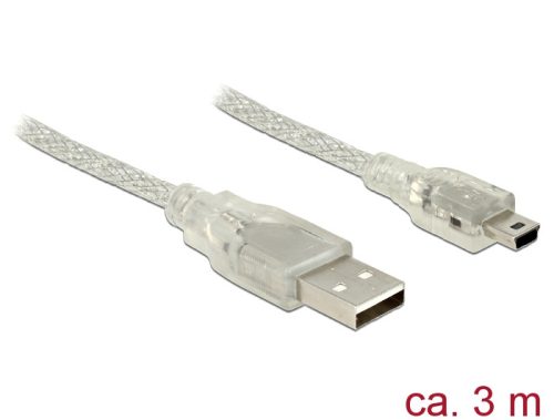 Delock USB 2.0-s kábel A-típusú csatlakozódugóval > USB 2.0 Mini-B csatlakozódugóval, 3 m, áttetsző