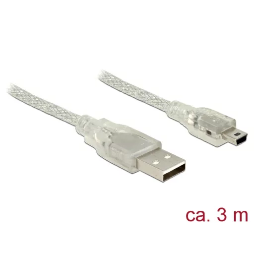 Delock USB 2.0-s kábel A-típusú csatlakozódugóval > USB 2.0 Mini-B csatlakozódugóval, 3 m, áttetsző (83908)