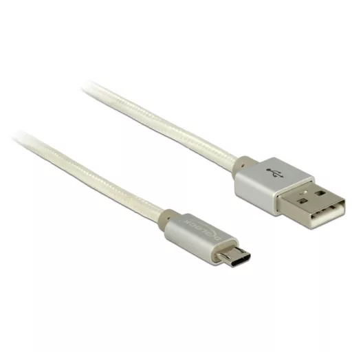Delock adat- és töltőkábel USB-A 2.0 csatlakozó> MicroUSB-B 2.0, textil árnyékolással, 2m, fehér (83917)