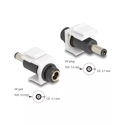 Delock Keystone modul, DC 5,5 x 2,1 mm-csatlakozóhüvely, DC 5,5 x 2,1 mm méretű apa, fehér (84174)