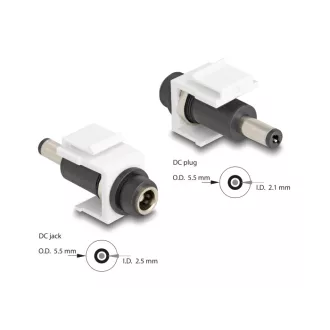   Delock Keystone modul, DC 5,5 x 2,5 mm-csatlakozóhüvely, DC 5,5 x 2,1 mm méretű apa, fehér (84176)