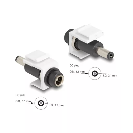 Delock Keystone modul, DC 5,5 x 2,5 mm-csatlakozóhüvely, DC 5,5 x 2,1 mm méretű apa, fehér (84176)