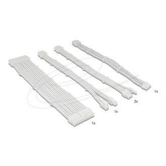   Delock Tápkábel-hosszabbító készlet, 30 cm, 5 darabos, fehér, harisnyázott kivitelben, kábelfésűkkel (1 x 24 tűs ATX, 1 x 12 + 4 tűs 12VHPWR PCIe 5.0, 1 x 4 + 4 tűs EPS, 2 x 6 + 2 tűs PCIe) (84542)