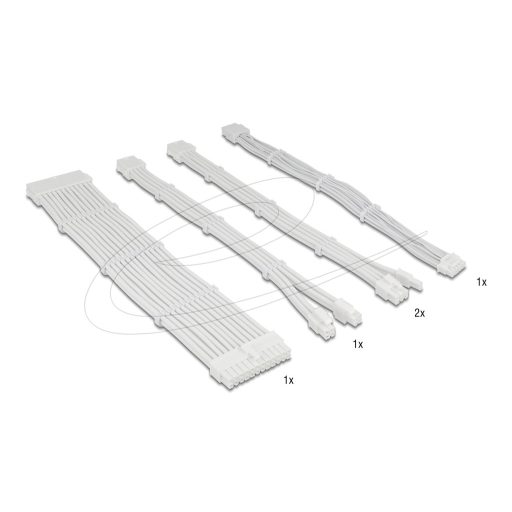 Delock Tápkábel-hosszabbító készlet, 30 cm, 5 darabos, fehér, harisnyázott kivitelben, kábelfésűkkel (1 x 24 tűs ATX, 1 x 12 + 4 tűs 12VHPWR PCIe 5.0, 1 x 4 + 4 tűs EPS, 2 x 6 + 2 tűs PCIe) (84542)