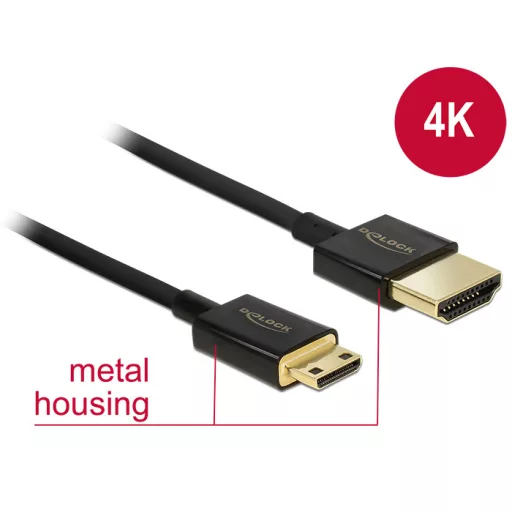 Delock Nagysebességű HDMI-kábel Ethernettel - HDMI-A-csatlakozódugó>HDMI Mini-C-csatlakozódugó,3D,1m (84776)
