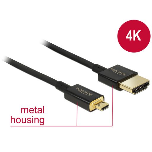 Delock kábel High Speed HDMI Ethernet - HDMI-A apa > HDMI Micro-D apa 3D 4K 4,5m Slim Prem. (84785)