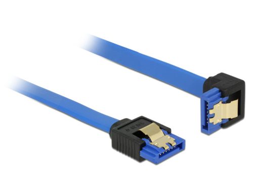 Delock SATA-kábel, 6 Gb/s, hüvely, egyenes > SATA hüvely, lefelé ívelt, 10 cm, kék aranyszínu kapcso (85088)