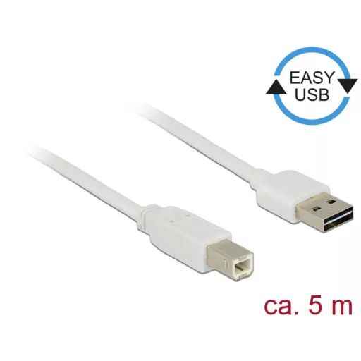 Delock Kábel, EASY-USB 2.0-s A-típusú csatlakozódugó > USB 2.0-s B-típusú csatlakozódugó, 5 m, fehér (85155)