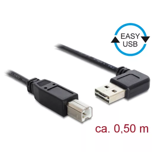 Delock Kábel, EASY-USB 2.0-s A- típusú csatlakozódugó, ívelt bal / jobb > USB 2.0-s B-típusú csatlak (85167)