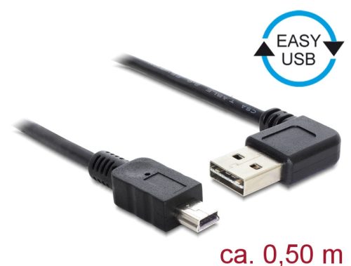 Delock Kábel, EASY-USB 2.0-s A- típusú csatlakozódugó, ívelt bal / jobb > USB 2.0-s Mini-B-típusú cs