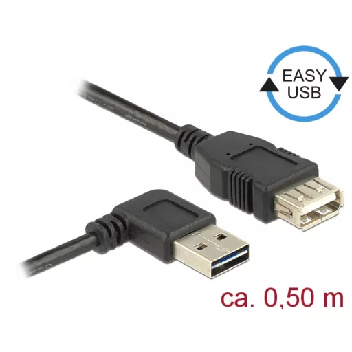 Delock Bővítő kábel EASY-USB 2.0-s A- típusú csatlakozódugó, ívelt bal / jobb > USB 2.0 A-típusú hüv (85177)