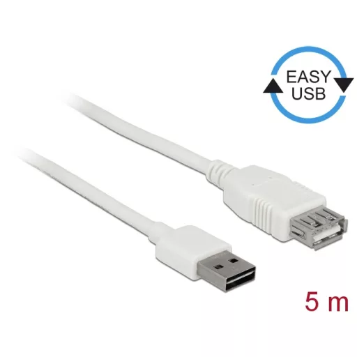 Delock Bővítő kábel EASY-USB 2.0-s A típusú csatlakozódugó > USB 2.0 A-típusú hüvely fehér 5 m (85202)