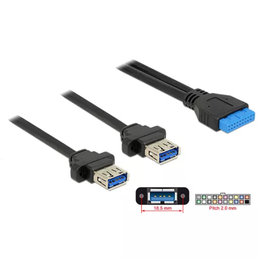 Delock USB 3.0-s csatlakozóhüvellyel ellátott kábel, 2,00 mm, 19 tus > 2 x USB 3.0 A típusú csatlako (85244)
