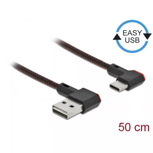 Delock EASY-USB 2.0 kábel A-típusú csatlakozódugó - USB Type-C  csatlakozódugó, ívelt bal / jobb, 0, (85280)