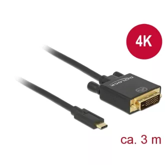   Delock Kábel USB Type-C csatlakozó > DVI 24+1 csatlakozó (DP váltakozó mód) 4K 30 Hz, 3m, fekete (85322)