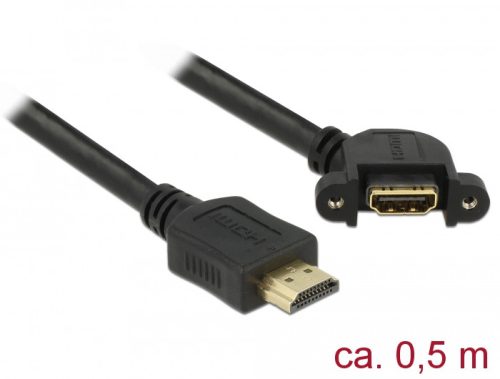 Delock Kábel HDMI-A dugó > HDMI-A hüvely, panelrögzítés, 110 fokban ívelt, 4K 30 Hz 0,5 m