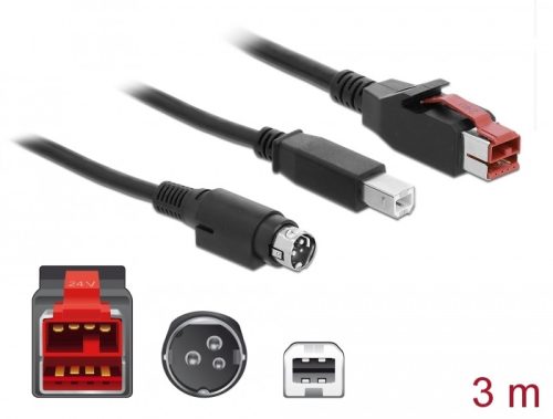 Delock PoweredUSB kábel apa 24 V > B-típusú USB apa + Hosiden Mini-DIN 3 tűs apa 3 m, POS nyomtatókh