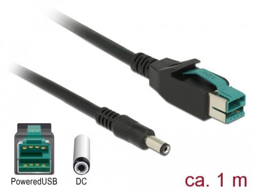 Delock PoweredUSB kábel apa 12 V > DC 5,5 x 2,1 mm apa 1 m, POS nyomtatókhoz és csatlakozókhoz