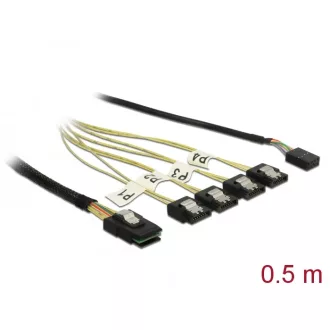  Delock Kábel Mini SAS SFF-8087 > 4 x 7 tűs SATA + oldalsáv, 0,5 m fém (85674)