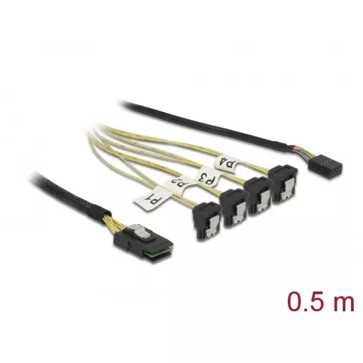 Delock Kábel Mini SAS SFF-8087 >4 x SATA 7 érintkezős hüvely 90 fokban ívelt + oldalsáv, 0,5 m (85683)