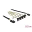 Delock Kábel Mini SAS SFF-8087 >4 x SATA 7 érintkezős hüvely 90 fokban ívelt + oldalsáv, 0,5 m (85683)