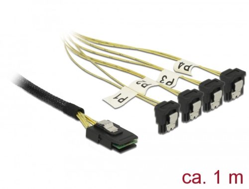 Delock Kábel Mini SAS SFF-8087 >4 x SATA 7 érintkezős hüvely 90 fokban ívelt 1 m (85687)