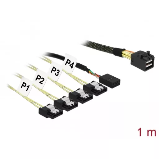 Delock Kabel Mini SAS HD SFF-8643 > 4 x SATA 7 Pin + Sideband 1 m Metall (85732)
