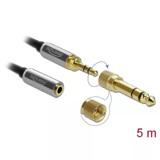   Delock Sztereó hosszabbító kábel 3,5 mm 3 pólusú apa   anya, 6,35 mm-es csavaros adapterrel 5 m (85783)