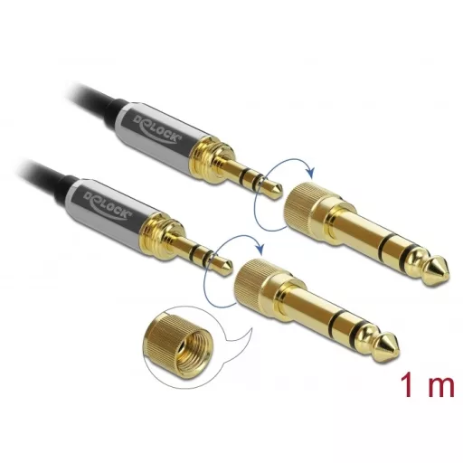 Delock Sztereó kábel 3,5 mm-es 3 pólusú apa   apa, csavaros adapterrel 1 m (85785)